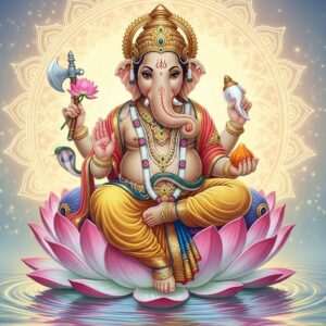 Lord Ganesha, depicted in a serene and ethereal setting, with a hyperrealistic portrayal. He is seated gracefully on a large lotus flower that floats on calm water, surrounded by soft glowing lights and a pastel color palette of soft blues, pale pinks, and warm golds. Ganesha is adorned with intricate traditional Indian jewelry, featuring gold and saffron hues. He has four arms, each holding symbolic objects: a lotus flower, an axe, a modak (sweet), and a conch. The backdrop features a large, glowing mandala with detailed cultural motifs and spiritual symbols, adding a sense of tranquility and harmony. The scene is imbued with an aura of mindfulness and spirituality, drawing the viewer into the rich symbolism and significance of Ganesh Chaturthi. The art style merges traditional Indian aesthetics with modern digital innovation, creating a captivating and culturally respectful image.