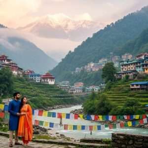 A serene, ethereal depiction of the picturesque city of Gangtok in 2026, nestled among the lush, verdant hills of the Eastern Himalayas. The scene captures the breathtaking altitude with mist gently enveloping the peaks, while a soft, pastel-hued sky casts a warm glow over the landscape. In the foreground, a tranquil river reflects the vibrant colors of traditional Indian prayer flags fluttering in the breeze. A modern Indian couple, dressed in stylish yet traditional attire, stands admiring the view, embodying a sense of adventure and cultural pride. The art style is hyperrealistic with a surreal touch, emphasizing the harmonious blend of nature and culture in this serene setting.