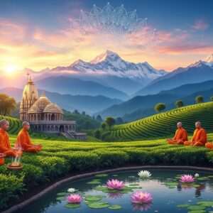 In a serene Himalayan setting, capture a breathtaking sunrise over the majestic mountains, with soft pastel hues of pink, blue, and gold illuminating the sky. In the foreground, a tranquil tea garden with rows of lush green tea plants stretches out, leading the eye towards a traditional Indian temple with intricate carvings, nestled amidst the rolling hills. The scene is adorned with delicate lotus flowers and a subtle, glowing mandala pattern in the sky. A group of Indian monks, dressed in saffron robes, are meditating peacefully at the edge of the garden, exuding a sense of calm and spirituality. The entire composition is ethereal and surreal, embodying a blend of tradition and modern digital aesthetics.