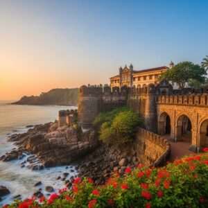 A breathtaking view of a majestic Portuguese fort in Goa, captured at sunset. The fort is perched on a rugged cliff, overlooking the vast Arabian Sea with waves gently crashing against the rocks. The architecture showcases intricate stonework and arches, reflecting the colonial history. In the foreground, tropical foliage and vibrant flowers add a burst of color, while the sky is painted in soft pastel hues of pink, orange, and blue. The scene is serene and ethereal, with a subtle glow from the setting sun casting long shadows across the fort's walls. This hyperrealistic image combines historical elements with a modern aesthetic, inviting viewers to explore the rich cultural tapestry beyond Goa's famous beaches.