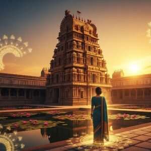 An ethereal depiction of a stunning South Indian golden temple, bathed in the warm glow of a setting sun. The temple's intricate architecture is highlighted by vibrant hues of maroon, saffron, and peacock blue, with detailed carvings and ornate patterns reminiscent of traditional Indian art forms. Surrounding the temple are serene lotus-filled water bodies reflecting the golden light, adding a tranquil and spiritual ambiance. In the foreground, an Indian woman dressed in a modern, elegant saree stands in awe, her silhouette softly illuminated by the glowing mandala patterns subtly integrated into the scene. The overall composition is serene, hyperrealistic, and surreal, blending heritage with modern digital aesthetics, inviting viewers into a world of cultural richness and architectural marvels.