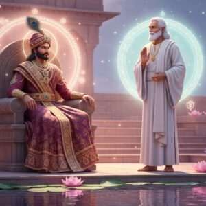 A serene and ethereal depiction of Gondophares, the Indo-Parthian king, and St. Thomas, the apostle, meeting in an ancient Indian palace setting. Gondophares, adorned in regal attire with intricate patterns inspired by traditional Indian art, sits on a throne. His attire features rich maroon and gold tones, with a peacock feather crown. St. Thomas stands beside him, depicted as an Indian man in flowing white robes with a gentle, wise expression. They are surrounded by a glowing aura symbolizing divine connection and spiritual harmony. Soft pastel lights illuminate the scene, casting gentle reflections on a calm water surface at the palace's edge. Lotus flowers and subtle Hindu spiritual symbols are intricately integrated into the background, providing an atmosphere of tranquility and unity. The art style is hyperrealistic with a surreal touch, blending heritage with modern digital aesthetics.