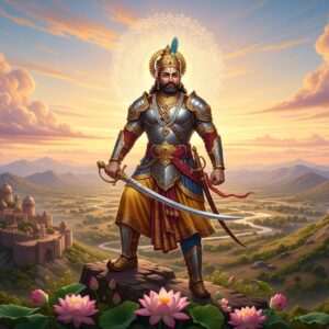 A regal and powerful depiction of Bappa Rawal, the legendary Indian warrior-king, standing atop a hill with an expansive view of his vast empire. He is adorned in traditional Rajput armor, with intricate golden patterns and vibrant saffron and maroon hues. His right hand holds a gleaming sword pointed towards the sky, symbolizing his victories, while his left hand rests on the hilt. The backdrop features majestic forts and lush landscapes, painted in deep, rich colors. The sky is filled with soft, pastel-colored clouds and a glowing mandala sun, casting a divine light over the scene. Lotus flowers bloom at his feet, adding a serene touch. The art style is a blend of traditional Indian motifs with modern digital aesthetics, creating a hyperrealistic, ethereal scene that captures the essence of his legacy.
