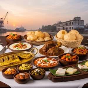 A vibrant, ethereal scene depicting Haldia's rich cultural essence, blending history and cuisine. In the foreground, an elegantly set traditional Indian dining table is adorned with a variety of authentic Bengali dishes, each meticulously detailed with rich textures and colors. The background showcases a surreal fusion of historical landmarks from Haldia, subtly merging into a dreamlike cityscape under a glowing pastel sky. Soft lights illuminate the scene, casting a warm, inviting glow over the entire setting. Intricate patterns inspired by Madhubani art subtly overlay the image, adding depth and cultural richness. The overall composition is serene and inviting, capturing the spirit of Haldia with a harmonious blend of tradition and modernity.