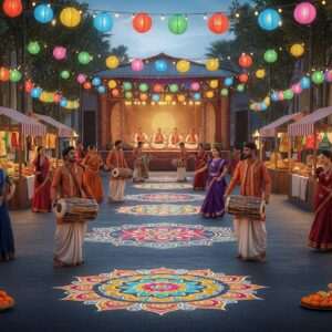 In the heart of Haldia, a vivid festival scene unfolds. A bustling street illuminated by colorful lanterns and strings of lights, adorned with traditional Indian decorations. In the foreground, joyous Indian men and women dressed in ornate traditional attire—rich maroons, peacock blues, and saffrons—dance energetically to the rhythm of traditional drums. Large, intricate mandalas painted on the ground glow softly, while stalls offering cultural delicacies and handcrafted items add to the festive ambiance. The backdrop features a grand stage with musicians playing classical Indian instruments. The image is hyper-realistic, capturing the essence of celebration and community spirit, with a modern digital art touch that enhances the vibrant colors and intricate details. The overall atmosphere is one of joy, cultural richness, and a welcoming spirit.