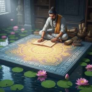 A serene and ethereal depiction of an ancient Indian stone inscription, glowing softly with hues of pastel blue and warm gold. The inscription is intricately carved, showcasing traditional Indian motifs such as lotus flowers and mandalas. Surrounding the stone are mystical elements: a calm water surface reflecting the inscription's glow, gently swaying lotus flowers, and soft, diffused light illuminating the scene with a tranquil atmosphere. An Indian scholar, dressed in modern attire but adorned with subtle traditional jewelry, is seen thoughtfully examining the stone, surrounded by ancient scrolls and artifacts. The setting exudes a sense of mystery and discovery, with a harmonious blend of heritage and modern aesthetics, captivating the viewer's interest.