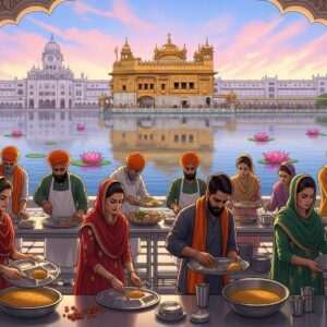 A mesmerizing and serene scene depicting the bustling activity at the Harmandir Sahib's Langar, capturing the essence of community and service. In the foreground, a diverse group of Indian men and women, dressed in traditional Punjabi attire with a modern twist, work harmoniously together preparing and serving food. The rich, deep colors of their clothing are highlighted by the warm glow of soft, ambient lighting. In the background, the stunning golden architecture of the Harmandir Sahib temple shimmers under a pastel-hued sky, reflecting in the calm water surrounding it. Delicate lotus flowers float on the surface, symbolizing purity and peace. The image should have intricate patterns and cultural motifs subtly woven into the scene, blending traditional Indian art forms with digital aesthetics. The overall tone is one of harmony, spirituality, and generosity, drawing viewers into the story of this remarkable community kitchen.