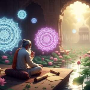 An intricate, ethereal scene depicting an Indian scholar seated in a tranquil garden filled with lotus flowers and a shimmering pond. The scholar is immersed in deep thought, surrounded by glowing mandalas in pastel hues of blue and pink, which symbolize the complexities of logic and reasoning. The atmosphere is serene and surreal, with subtle golden light illuminating the scene, highlighting the scholar's traditional attire and the ancient scrolls scattered around him. The background features traditional Indian architectural elements with detailed patterns reminiscent of Madhubani art, blending with modern digital aesthetics. The setting embodies mindfulness and introspection, inviting viewers to delve into the nuances of Indian logic and philosophy.