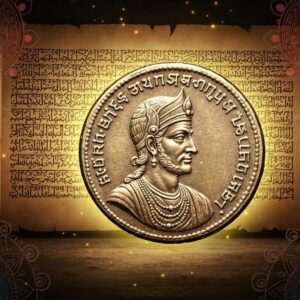 An intricately designed coin from the era of Gondophares, featuring his profile with a regal expression, surrounded by ancient inscriptions in a script that glows softly with a golden hue. The coin is placed against a backdrop of an ancient scroll with detailed inscriptions, subtly illuminated by soft, ethereal light. The scene is framed by traditional Indian patterns and motifs, such as delicate lotus flowers and swirling mandalas, all depicted in rich colors like maroon and peacock blue. The overall composition blends historical accuracy with a modern digital aesthetic, capturing the viewer's attention with its serene yet intriguing ambiance, inviting them to delve into the historical narrative.