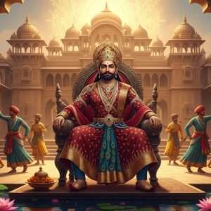 An Indian king, Bappa Rawal, depicted in a majestic pose on a throne, wearing traditional Rajput warrior attire adorned with intricate gold patterns and vibrant colors like maroon and peacock blue. His crown glimmers with jewels, and his expression exudes strength and wisdom. Behind him, a grand palace with intricate Indian architectural motifs, bathed in a warm, golden light. To the sides, Rajput warriors in traditional attire are engaged in a celebratory dance. The foreground features a serene lotus pond reflecting the palace and a glowing mandala in the sky, symbolizing spirituality and cultural heritage. The art style is a blend of hyperrealism and digital aesthetics, merging traditional Indian art forms with modern visuals to create an image that is both captivating and culturally rich.
