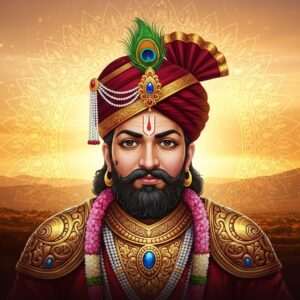 A majestic portrayal of Bappa Rawal, the legendary warrior king, standing proudly with a serene yet powerful expression. He is adorned in traditional Rajput armor, intricately designed with gold and sapphire embellishments. His regal turban, rich in deep maroon and gold, features a prominent peacock feather. The backdrop is a vibrant blend of traditional Indian motifs and modern digital aesthetics, with glowing mandalas and a subtle aura of saffron and peacock blue hues. The scene is set against a dreamy landscape with rolling hills and a golden sunrise, symbolizing hope and honor. The atmosphere is ethereal and surreal, with soft, warm lighting enhancing the tranquil yet heroic ambiance.