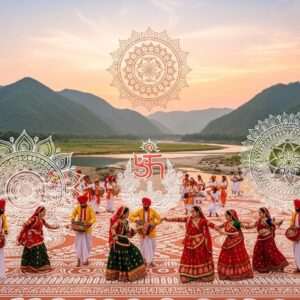 A breathtaking landscape of Hoshiarpur District, showcasing a harmonious blend of culture and natural beauty. In the foreground, Indian villagers in traditional attire engage in festive activities, surrounded by vibrant Pattachitra-style patterns depicting local traditions. The background features lush green hills and serene rivers under a sky painted with soft pastel hues. A grand mandala made of flowers and spiritual symbols is subtly integrated into the scene, symbolizing unity and heritage. The overall composition captures the essence of Hoshiarpur, with intricate cultural motifs and modern digital aesthetics, highlighting a serene and ethereal atmosphere. The lighting is warm and inviting, emphasizing the rich colors and harmonious balance between tradition and innovation.