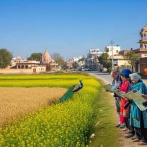 A picturesque scene of Hoshiarpur, Punjab, blending traditional and modern aesthetics. The foreground features a serene landscape with lush green fields and vibrant mustard flowers in bloom, under a clear blue sky. In the background, a charming blend of historical architecture like traditional Punjabi homes and temples with modern infrastructure and amenities, reflecting the town's evolving identity. A group of Indian travelers, dressed in casual modern attire with hints of traditional elements like colorful dupattas or pagris, are exploring the area with maps and cameras. The scene captures the essence of Punjab's cultural richness with symbols like wheat stalks, a peacock, and traditional Punjabi motifs subtly integrated into the surroundings. The atmosphere is welcoming and full of life, inviting readers to delve into the travel guide.