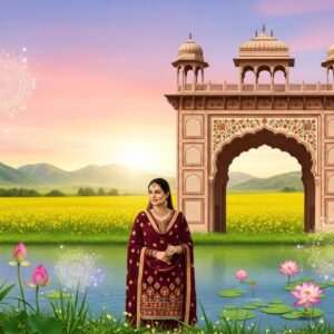 A mesmerizing scene capturing the essence of Hoshiarpur's cultural heritage. In the foreground, an elegant Indian woman dressed in a traditional Punjabi outfit with rich maroon and gold hues, standing gracefully amidst lush greenery. Behind her, an intricately designed archway reminiscent of historical Punjabi architecture, adorned with ornate floral patterns and motifs. The backdrop features a serene landscape of rolling hills and vibrant mustard fields under a pastel pink and golden sky at sunset. The scene is bathed in a soft, ethereal glow, with subtle elements like delicate lotus flowers and glowing mandalas seamlessly integrated. The image exudes tranquility and enchantment, combining traditional Indian art styles with modern digital aesthetics, inviting viewers to delve into Hoshiarpur's captivating cultural journey.