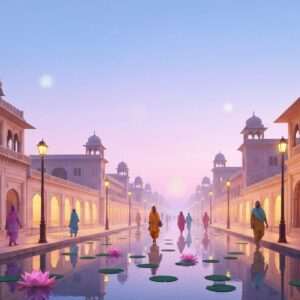 A serene, ethereal scene of a peaceful street in Amritsar, lined with elegant, traditional Indian architecture, subtly infused with modern aesthetics. The street glows softly under a pastel-hued evening sky, with warm golden lights illuminating the intricately carved facades. Indian pilgrims, dressed in vibrant yet soothing attire, walk gracefully, their silhouettes reflected on calm water surfaces nearby. Large lotus flowers float gently on a serene pond, and subtle glowing mandalas appear in the sky. The atmosphere is tranquil and inviting, emphasizing serenity and spirituality, perfect for those seeking solace and peace on their pilgrimage. The art style is hyperrealistic, merging traditional Indian art with contemporary digital design.
