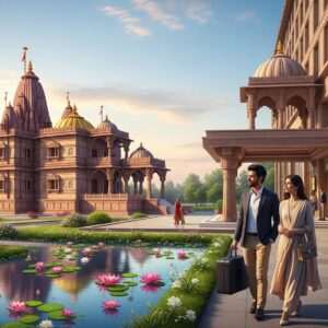 A serene, hyper-realistic depiction of the Khatu Shyam Ji temple, nestled amidst a tranquil landscape under a soft, pastel sky. The temple's intricate architecture is highlighted with golden and maroon hues, blending traditional Indian art forms with modern digital aesthetics. Surrounding the temple are lush gardens with vibrant lotus flowers and gentle water streams reflecting the early morning light. In the foreground, elegant Indian travelers in contemporary attire are seen exploring nearby hotels, depicted with a mix of traditional Indian designs and modern luxury. Their expressions convey awe and serenity, inviting viewers into a world where heritage meets comfort. The scene is ethereal, with an emphasis on tranquility, harmony, and mindfulness, creating a perfect visual lure for readers interested in exploring accommodations near this spiritual destination.