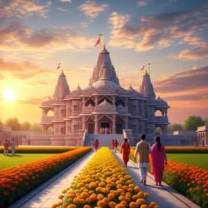 A serene and ethereal scene of the Khatu Shyam Ji Temple, bathed in the warm golden glow of the setting sun. The temple's intricate architecture is highlighted, with its elegant spires and ornate carvings. In the foreground, a peaceful path lined with vibrant marigold flowers leads to the temple entrance, inviting travelers on a spiritual journey. Soft, pastel-colored clouds float in the sky, casting gentle shadows on the temple grounds. Indian pilgrims dressed in traditional attire are walking towards the temple, their expressions serene and contemplative. The atmosphere is tranquil and welcoming, with an aura of spiritual harmony and cultural richness. The art style is a blend of traditional Indian aesthetics with modern digital techniques, capturing the essence of a pilgrimage journey in 2026.