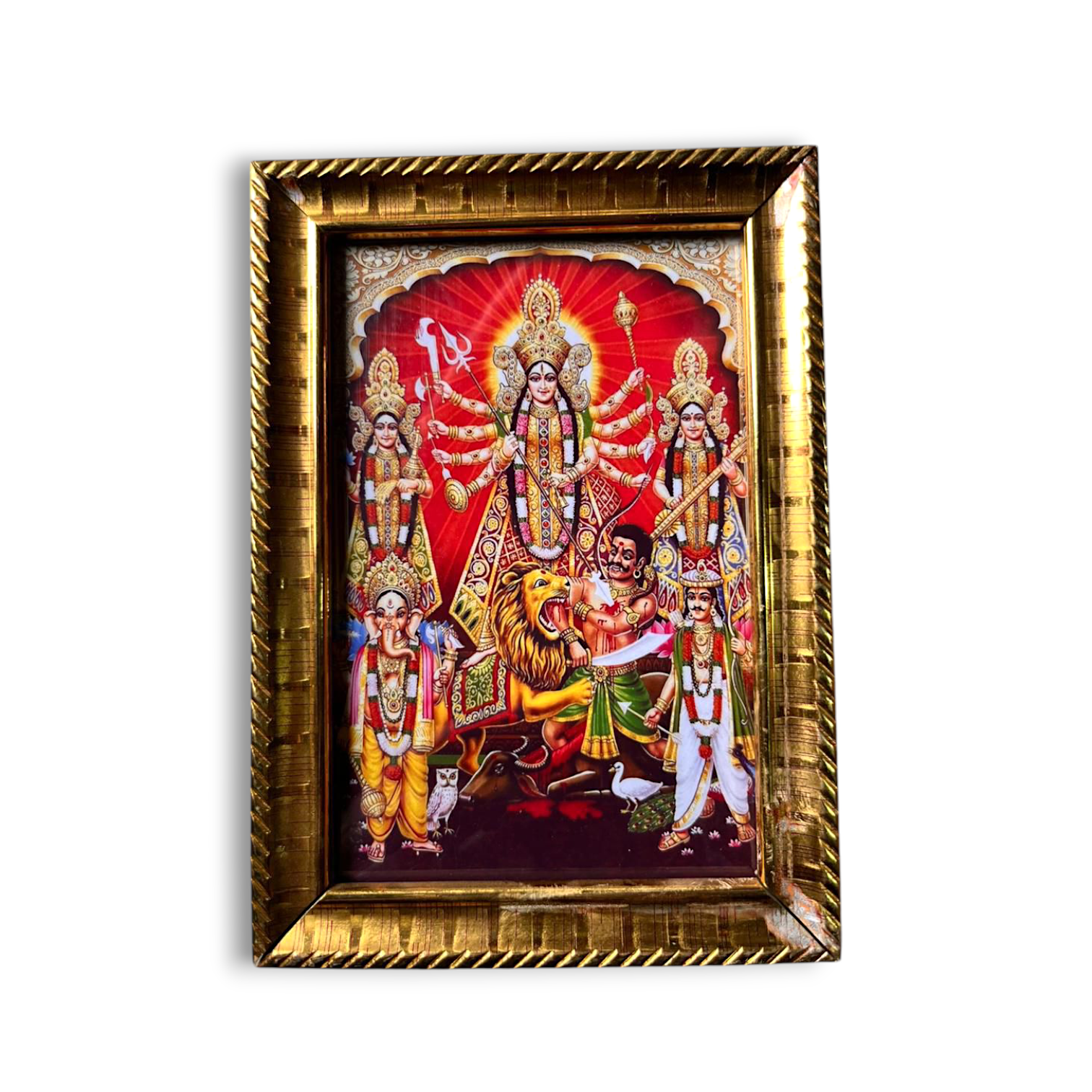 Maa Durga Family Photo Frame - Durga Maa Family Photo For Puja Mandir - Traditional Durga Maa Photo Frame For House,Warming Gift, Mandir,And Decoration .