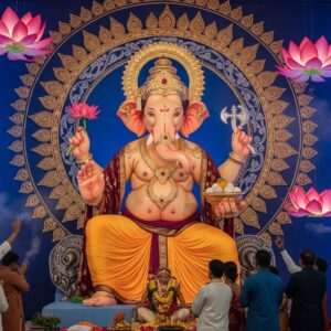 In a bustling street of Ichalkaranji, vivid and intricate decorations mark the grandeur of Ganpati Festival 2026. The scene features a colossal, photo-realistic idol of Lord Ganesha, exquisitely detailed with traditional motifs. Lord Ganesha is depicted in a serene and ethereal pose, with four hands holding a lotus, an axe, a bowl of sweets, and a modak. The idol is adorned with maroon and gold garments, glowing with saffron hues. Surrounding him are radiant mandalas and ornate patterns, blending Madhubani and Pattachitra styles. The atmosphere is infused with soft, pastel lights reflecting off peacock blue and warm gold decorations. Indian devotees in traditional attire are seen offering prayers, with large lotus flowers floating in the air and subtle scents of incense wafting through. The scene embodies the spiritual essence and cultural richness of the festival, drawing viewers into its tranquil yet festive ambiance.