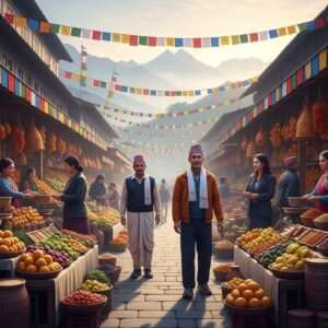 An enchanting, hyperrealistic scene of Gangtok's bustling street market, alive with vibrant colors and cultural richness. Indian vendors, dressed in traditional attire, showcase an array of exotic fruits, spices, and handcrafted goods. The market is adorned with colorful prayer flags fluttering in the gentle breeze. In the background, the majestic Eastern Himalayas stand tall, shrouded in a serene mist, with soft pastel hues of dawn casting a warm glow. Locals and tourists alike engage in lively exchanges, embodying the spirit of cultural immersion. The art style combines modern digital aesthetics with intricate Indian patterns, inviting viewers to explore the depth and beauty of Gangtok's culture.