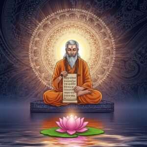 A serene, ethereal scene depicting an ancient Indian scholar in traditional attire, sitting cross-legged on a floating lotus leaf over calm, glowing water. The scholar is surrounded by luminous golden scrolls and sacred Hindu symbols like the Om and Swastika floating around him, emanating wisdom. Soft pastel hues of pink and blue wash over the background, blending with peacock blue and maroon patterns reminiscent of Madhubani art. A large, intricate mandala glows behind the scholar, radiating light and tranquility. The atmosphere is dreamlike and spiritual, with a modern digital aesthetic that harmonizes tradition with contemporary design, inviting viewers to explore the depths of Indian logic.
