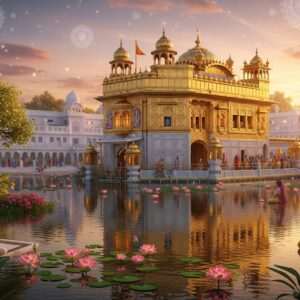 A mesmerizing depiction of a golden temple nestled amidst lush greenery, bathed in the soft, warm glow of a setting sun. The temple's intricate architecture, adorned with traditional Indian motifs and patterns, reflects the grandeur of spiritual heritage. In the foreground, a serene pond mirrors the temple's magnificence, with lotus flowers gently floating on its surface. The atmosphere is tranquil and ethereal, with a pastel-hued sky and subtle, glowing mandalas enhancing the scene's spiritual essence. Indian devotees, clad in elegant traditional attire, are captured in moments of reflection and reverence. The art style is hyperrealistic with a blend of traditional Indian art elements and modern digital aesthetics, ensuring a captivating visual experience.