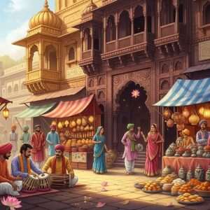 A vibrant and captivating scene depicting the heritage and culture of Jalandhar, India. Show a traditional Indian bazaar bustling with people in colorful attire, showcasing a mix of historical and modern elements. Include ornate architectural details reminiscent of traditional Indian temples and palaces, with intricate carvings and vibrant colors like saffron, maroon, and peacock blue. In the foreground, place a group of Indian musicians playing traditional instruments, surrounded by stalls selling handcrafted goods and delicious local delicacies. Highlight cultural motifs such as lotus flowers and mandalas subtly woven into the scene. The atmosphere should be warm and inviting, with soft glowing lights illuminating the bustling environment. Emphasize the rich cultural tapestry of Jalandhar, blending tradition with modern aesthetics in a serene and ethereal art style.