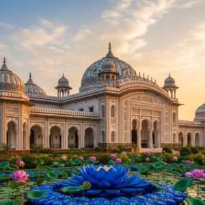 The Jhargram Raj Palace stands majestically against a serene backdrop, bathed in the golden glow of the setting sun. Its intricate architecture merges traditional Indian elements with modern aesthetics, showcasing elegant arches, ornate carvings, and domes adorned with intricate patterns inspired by Madhubani and Pattachitra art forms. In the foreground, a lush garden blooms with vibrant lotus flowers and peacock blue motifs, inviting tranquility and mindfulness. The atmosphere is ethereal, with soft pastel clouds drifting in the sky, reflecting warm gold hues. A sense of serenity and harmony envelops the palace, making it an inviting destination for exploration and cultural immersion.