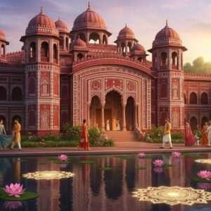 The majestic Jhargram Raj Palace stands tall amidst lush greenery, capturing the essence of royal heritage with its intricate architectural details reminiscent of traditional Indian art forms like Madhubani and Pattachitra. The palace is adorned with vibrant hues of maroon, gold, and peacock blue, showcasing exquisite patterns and motifs. In the foreground, a serene water surface reflects the palace's grandeur, surrounded by lotus flowers and glowing mandalas. Indian characters in traditional attire, embodying elegance and grace, are seen exploring the palace grounds, adding a touch of authenticity and cultural richness. The scene is bathed in warm, ethereal light, creating a tranquil and inviting atmosphere that beckons the viewer to delve into the enchanting world of Jhargram Raj Palace.