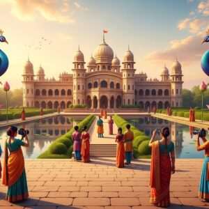 A majestic depiction of Jhargram Raj Palace, surrounded by lush greenery and serene water bodies reflecting the architecture. The palace is bathed in warm, golden sunlight that highlights its intricate designs and royal heritage. In the foreground, elegantly dressed Indian tourists in vibrant traditional attire are seen exploring the grounds, capturing moments with cameras. Large, colorful peacock motifs and stylized lotus flowers adorn the scene, adding a touch of traditional art forms. The atmosphere is ethereal and inviting, with soft pastel hues in the sky and gentle light illuminating the surroundings, creating a sense of tranquility and allure. The art style is hyperrealistic yet modern, capturing the essence of cultural richness and heritage with a contemporary twist.