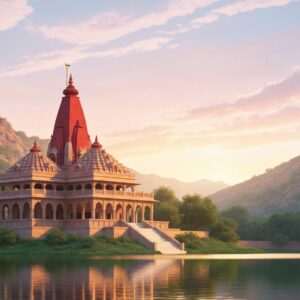 A breathtaking scene of the Pushkar Brahma Temple, nestled amidst the serene Aravalli Hills at sunset. The temple, crafted with intricate carvings, stands majestically with its red spire reaching towards the sky. The foreground features a tranquil lake reflecting the golden glow of the temple, surrounded by lush greenery. A soft, ethereal light bathes the scene, highlighting the temple's architectural details and casting a warm, spiritual aura. In the sky above, gentle pastel hues blend with wisps of clouds, creating a sense of tranquility and divine connection. The art style combines hyperrealism with modern digital aesthetics, capturing the temple's sacred essence and inviting viewers into a spiritual journey.