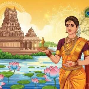 A captivating image showcasing the rich traditions of Karnataka, featuring an Indian woman dressed in a vibrant Mysore silk saree adorned with intricate gold jewelry, standing amidst a landscape inspired by traditional Indian art forms like Madhubani and Pattachitra. The background features an ornate temple with elaborate carvings, a serene river flowing beside it, and lush greenery. Large lotus flowers float on the water surface, reflecting soft pastel shades of blue and pink. The scene is illuminated by a warm golden glow that highlights cultural motifs such as mandalas and peacock feathers, creating an ethereal atmosphere. The woman holds a traditional brass lamp, symbolizing the light of wisdom, and her expression exudes tranquility and mindfulness. The art style combines heritage with modern digital aesthetics, capturing the essence of Karnataka's rich cultural journey.