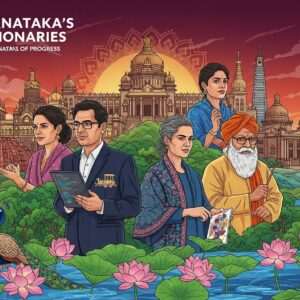 An awe-inspiring scene showcasing Karnataka's icons against a vibrant, digitally-illustrated background. The image features prominent figures from Karnataka, each representing different fields such as technology, arts, and social activism. They are positioned amidst stylized representations of Karnataka's landscapes like lush greenery and iconic architecture such as Mysore Palace and Vidhana Soudha. The figures are dressed in modern attire that incorporates traditional Indian elements like intricately patterned shawls or accessories. Surrounding them are cultural motifs such as lotus flowers, peacocks, and intricate mandalas in rich colors like maroon, peacock blue, and saffron. The atmosphere is ethereal with soft glowing lights illuminating their presence, symbolizing hope and progress. The scene exudes a sense of visionary leadership and dynamic transformation, inviting viewers to delve into their inspiring stories.
