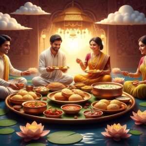 An exquisite depiction of a traditional Khandeshi feast set against a backdrop of intricate Madhubani-style patterns in rich maroon and saffron hues. The scene showcases a vibrant array of authentic Khandeshi dishes like Bhakri, Thecha, and Pithla served in traditional copper utensils, surrounded by lush, stylized lotus flowers and serene water surfaces. The atmosphere is ethereal, with soft glowing lights highlighting the deep cultural motifs and textures. Indian characters dressed in elegant traditional attire, enjoying the meal with warm smiles, under a canopy of pastel-colored clouds and soft golden sunlight. The art style is hyperrealistic with a touch of modern digital aesthetics, creating a harmonious blend of heritage and innovation.