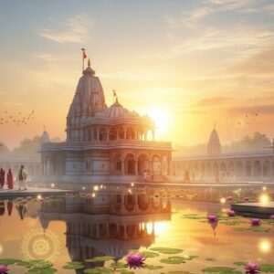 A breathtaking scene of Khatu Shyam Ji Temple in Rajasthan, India, bathed in the warm glow of the setting sun. The temple, adorned with intricate carvings and vibrant colors, stands majestically against a serene sky filled with soft pastel hues of orange, pink, and gold. In the foreground, a tranquil reflection of the temple in a calm water surface, surrounded by lotus flowers gently floating. Ethereal glowing lights emphasize the spiritual ambiance. Traditional motifs, like stylized peacock feathers and mandalas, subtly embellish the landscape. Indian visitors in traditional attire are seen peacefully strolling and offering prayers, adding to the scene's authenticity and reverence. The art style is hyperrealistic with a touch of digital modernity, focusing on tranquility and cultural richness.