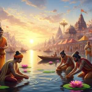 An ethereal and serene depiction of the Kumbh Mela with a sprawling landscape of the sacred river, Ganges. In the foreground, a group of pilgrims in traditional Indian attire (saffron, maroon, gold) is performing ritual ablutions in the river. The scene is illuminated by the soft glow of a setting sun casting warm golden hues across the water. In the background, a majestic view of the Mela with large, colorful tents and intricately designed temple structures. The sky is filled with pastel colors and gentle clouds, adding a dreamlike quality. Large lotus flowers float gracefully on the river's surface. Spiritual symbols like mandalas and traditional motifs are subtly integrated into the scenery. The art style is hyperrealistic yet fantastical, capturing the essence of spiritual unity and devotion in a harmonious and visually captivating manner.