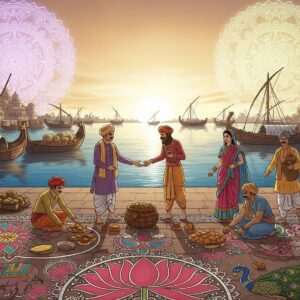 A captivating illustration of the ancient Kuntasi port, showcasing bustling activity with Indian merchants and traders in traditional attire. The scene is alive with vivid colors: saffron, maroon, and peacock blue. In the foreground, intricate patterns inspired by Madhubani and Pattachitra art depict lotus flowers and cultural motifs. The background features large, ethereal mandalas glowing softly in pastel hues, representing the spiritual significance of Kuntasi. The water surface reflects warm golden light, adding tranquility to the scene. The digital aesthetic seamlessly merges heritage with innovation, evoking curiosity about Kuntasi's historical impact on today's world.