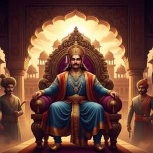 A majestic Indian king sitting on a grand throne adorned with intricate carvings and gold embellishments, surrounded by an aura of authority and wisdom. He is dressed in a richly embroidered royal attire with a crown encrusted with jewels. In the background, a grand palace with traditional architectural elements like arches and domes is visible, set against a sky painted in deep maroon and gold hues. To his left and right, silhouettes of other legendary rulers are depicted, each with unique regal attire symbolizing their respective reigns. The scene is enveloped in a surreal, ethereal glow, with soft lighting emphasizing the rich colors and intricate details. The art style merges traditional Indian motifs with modern digital aesthetics, creating a captivating and timeless visual narrative.