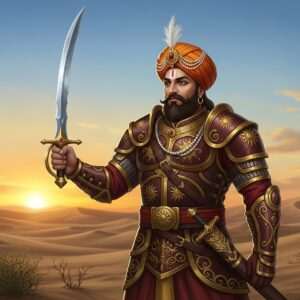 A regal depiction of Bappa Rawal, the legendary Indian warrior king, standing tall and valiant in an expansive desert landscape. He is clad in traditional Rajput armor with intricate gold and maroon detailing, a rich turban adorning his head. His sword, gleaming with precision and artistry, is held with authority in his right hand. The scene is set against a backdrop of a setting sun casting a warm, ethereal glow, illuminating the intricately designed mandalas that subtly emerge in the sky. In the foreground, stylized peacock feathers flutter, symbolizing royalty and valor. The art style merges traditional Indian elements with modern digital aesthetics, creating a serene yet powerful atmosphere that captures the spirit and legacy of Bappa Rawal.