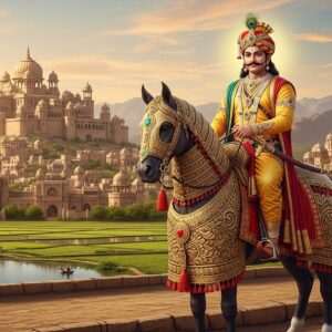 An awe-inspiring scene depicting the legendary Bappa Rawal, the formidable ruler, mounted on a majestic horse adorned with intricate golden armor. The background is a vast, panoramic view of his empire, with grand palaces and fortresses in traditional Indian architectural style set against a serene, pastel-colored sky. Rich maroon and gold hues dominate the landscape, with stylized peacock motifs and intricate patterns subtly integrated into the surroundings. In the foreground, lush fields and serene water bodies reflect the prosperity and peace of his kingdom. The art style is hyperrealistic with a surreal touch, capturing both the grandeur and spirituality of Bappa Rawal’s legacy. The image exudes an aura of regal authority, cultural heritage, and timelessness.