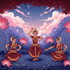 A vibrant scene depicting the rich cultural heritage of Mayurbhanj in 2026, blending traditional Indian art forms with modern digital aesthetics. The image features a surreal landscape with deep colors like maroon and peacock blue, highlighting intricate patterns inspired by Madhubani and Pattachitra art. In the foreground, an ethereal depiction of dancers in traditional Mayurbhanj attire performing Odissi dance, surrounded by large, stylized lotus flowers and glowing mandalas. The dancers are adorned with gold jewelry and traditional headpieces, showcasing the elegance of Mayurbhanj's traditions. The background reveals a serene forest setting with pastel-colored clouds and soft glowing lights, emphasizing tranquility and mindfulness. The scene is hyper-realistic, creating a dreamlike quality that attracts viewers to explore Mayurbhanj's cultural heritage.