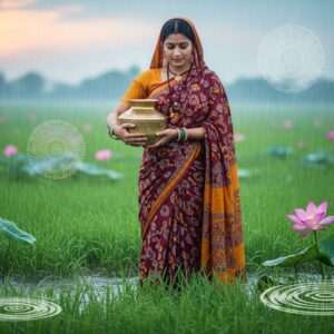 An ethereal Indian landscape bathed in the monsoon's gentle embrace, where a serene Indian woman stands in a lush, vibrant green field. Her traditional saree flows gracefully, with hues of deep maroon and saffron, adorned with intricate patterns reminiscent of Madhubani art. She holds an ornate brass pot filled with fresh rainwater, symbolizing abundance and spirituality. Surrounding her are blooming lotus flowers and softly glowing mandalas in the misty air, while the sky is painted with pastel blues and pinks, reflecting the calming monsoon clouds. A gentle rain falls, creating ripples on a tranquil water surface, emphasizing a sense of peace and spiritual connection with nature. The scene is hyperrealistic with a surreal touch, inviting readers into a world where culture and spirituality merge beautifully.
