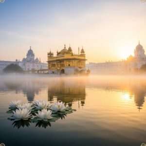 A serene, ethereal depiction of Harmandir Sahib at dawn, bathed in a soft, warm golden light reflecting off the tranquil water surface. The temple is surrounded by a gentle mist that adds a surreal and spiritual atmosphere. In the foreground, delicate lotus flowers float on the water, symbolizing purity and spiritual enlightenment. The sky above is a gradient of pastel hues—soft blue, pale pink, and warm gold—creating a tranquil, harmonious ambiance. Intricate patterns inspired by traditional Indian art subtly frame the scene, emphasizing the temple's rich cultural heritage. The overall composition conveys peace, spirituality, and reverence.