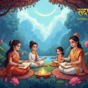 A serene and ethereal depiction of Nandalal Bose's illustrations for "Sahaj Path," showcasing Indian children engaged in playful learning amidst a backdrop inspired by traditional Indian art forms. The scene is set in a lush, vibrant garden with peacock blue and maroon tones, where the children are surrounded by intricate lotus flowers and mandalas. They wear traditional Indian attire with subtle gold accents, embodying a sense of innocence and curiosity. Their joyful expressions and animated gestures bring Bose's characters to life, with soft glowing lights and pastel hues enhancing the dreamlike atmosphere. The art style blends traditional cultural motifs with modern digital aesthetics, creating a harmonious balance of heritage and innovation.