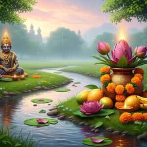 A serene Indian landscape during the monsoon, with lush greenery and glistening raindrops. In the foreground, a vibrant display of sacred foods, fruits, and flowers like golden mangoes, bananas, lotus blossoms, and marigolds arranged artistically. The scene is illuminated by a soft, ethereal glow, highlighting the deep maroon and peacock blue hues of the flowers. A gentle stream flows through the scene, reflecting the pastel-colored sky. Traditional Indian motifs subtly incorporated in the background patterns, evoking a sense of spiritual abundance. The overall atmosphere is tranquil and harmonious, with a focus on the nurturing aspect of nature during the monsoon. The art style is hyperrealistic with a touch of digital modernity, capturing the viewer's attention with its rich details and serene beauty.