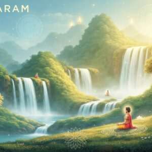 A serene, ethereal landscape depicting Sasaram's sacred waterfalls cascading down lush, verdant hills. The scene is infused with a tranquil glow, showcasing soft pastel hues of pale blue, warm gold, and gentle green. Intricate patterns and motifs of lotus flowers and subtle mandalas are woven into the landscape, reflecting the divine essence. Indian figures in traditional attire are seen meditating near the waterfall, embodying peace and mindfulness. The lighting is soft and mystical, casting a harmonious aura over the entire setting, creating a sense of spiritual tranquility. The overall composition blends traditional Indian art with modern digital aesthetics, making it a captivating and inviting visual experience.