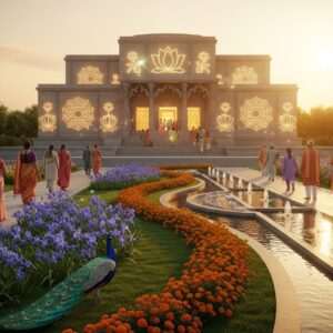 A serene, ethereal scene depicting a newly constructed Navayana Temple in Faridabad, blending traditional and modern architecture. The temple is adorned with intricate carvings of lotus flowers and mandalas, bathed in soft, warm golden light as the sun sets. In the foreground, lush green gardens with peacock blue and saffron-hued flowers surround tranquil water features that reflect the temple's glow. Indian devotees dressed in vibrant traditional attire are seen walking peacefully towards the temple, their figures softly illuminated. The atmosphere conveys a sense of spiritual awakening and heritage, inviting viewers to explore and discover the sacred beauty within. Art style should be hyperrealistic with surreal elements, emphasizing the peaceful and harmonious essence of the Navayana Temples.