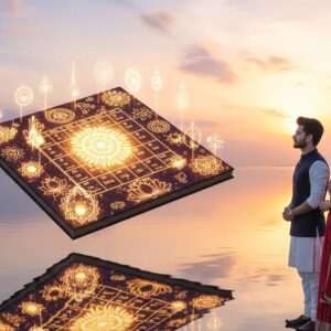 A serene, ethereal scene depicting an intricately designed Panchang calendar floating above a calm, reflective water surface. The calendar is adorned with traditional Indian motifs like glowing mandalas, lotus flowers, and saffron-colored patterns. In the background, a soft pastel sky transitions from pale pink to warm gold, with gentle rays of sunlight peeking through, illuminating the scene with a tranquil glow. A young Indian man and woman, dressed in elegant, modern Indian attire with subtle cultural elements, are gazing thoughtfully at the calendar, symbolizing guidance and mindfulness. The overall atmosphere conveys spirituality, harmony, and cultural heritage, while embracing modern digital aesthetics.