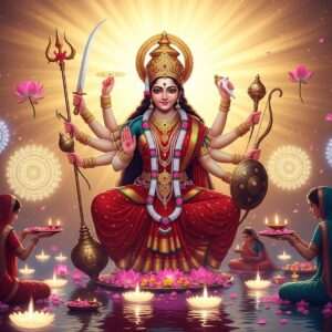 An enchanting depiction of Navratri's divine essence: a serene and surreal scene featuring Goddess Durga in her majestic form, adorned with vibrant red and gold attire. She possesses ten arms, each holding traditional weapons like a trident, sword, discus, and lotus. Her expression is calm yet powerful, embodying strength and compassion. Surrounding her are glowing mandalas and lotus flowers, floating in a tranquil water surface reflecting soft pastel lights. The background features a warm, golden light symbolizing the divine energy of Navratri. Indian women in colorful sarees are seen performing rituals with devotion, enhancing the spiritual ambiance. The image has a hyperrealistic and ethereal quality, blending traditional Indian art elements with modern digital aesthetics to capture the significance and beauty of Navratri's nine nights.