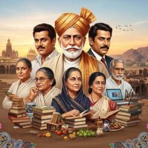 A hyperrealistic digital painting featuring a montage of notable personalities from Karnataka. In the center, depict Sir M. Visvesvaraya in a regal traditional attire, with an aura of wisdom. Surround him with representations of Dr. Rajkumar, with his iconic look and expressions, and Smt. R.K. Narayan in a contemplative pose, immersed in a world of literature. Include contemporary figures like Sudha Murty, embodying philanthropy and innovation, wearing elegant sarees and surrounded by symbols of technology and books. The background showcases Karnataka’s diverse heritage with elements like the majestic Mysore Palace and Hampi ruins, set against a serene sunrise palette of soft blues, pale pinks, and warm golds. Integrate intricate patterns reminiscent of Madhubani art along the borders, and include cultural motifs such as peacock feathers and lotus flowers. The scene radiates harmony, legacy, and modernity, inviting readers to delve into the rich tapestry of Karnataka’s heritage.